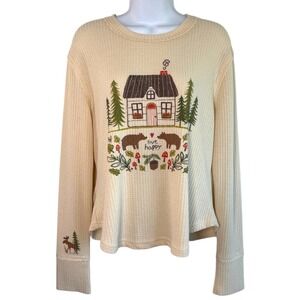 Natural Life Womens Waffle Knit Top Size M Cottage Cabin Cozy Boho Thermal Hygge